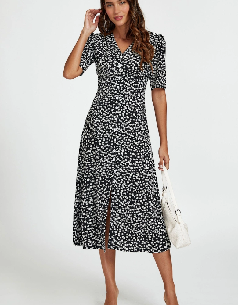 Black Little Floral Print Midi Dress with Front Button Closure