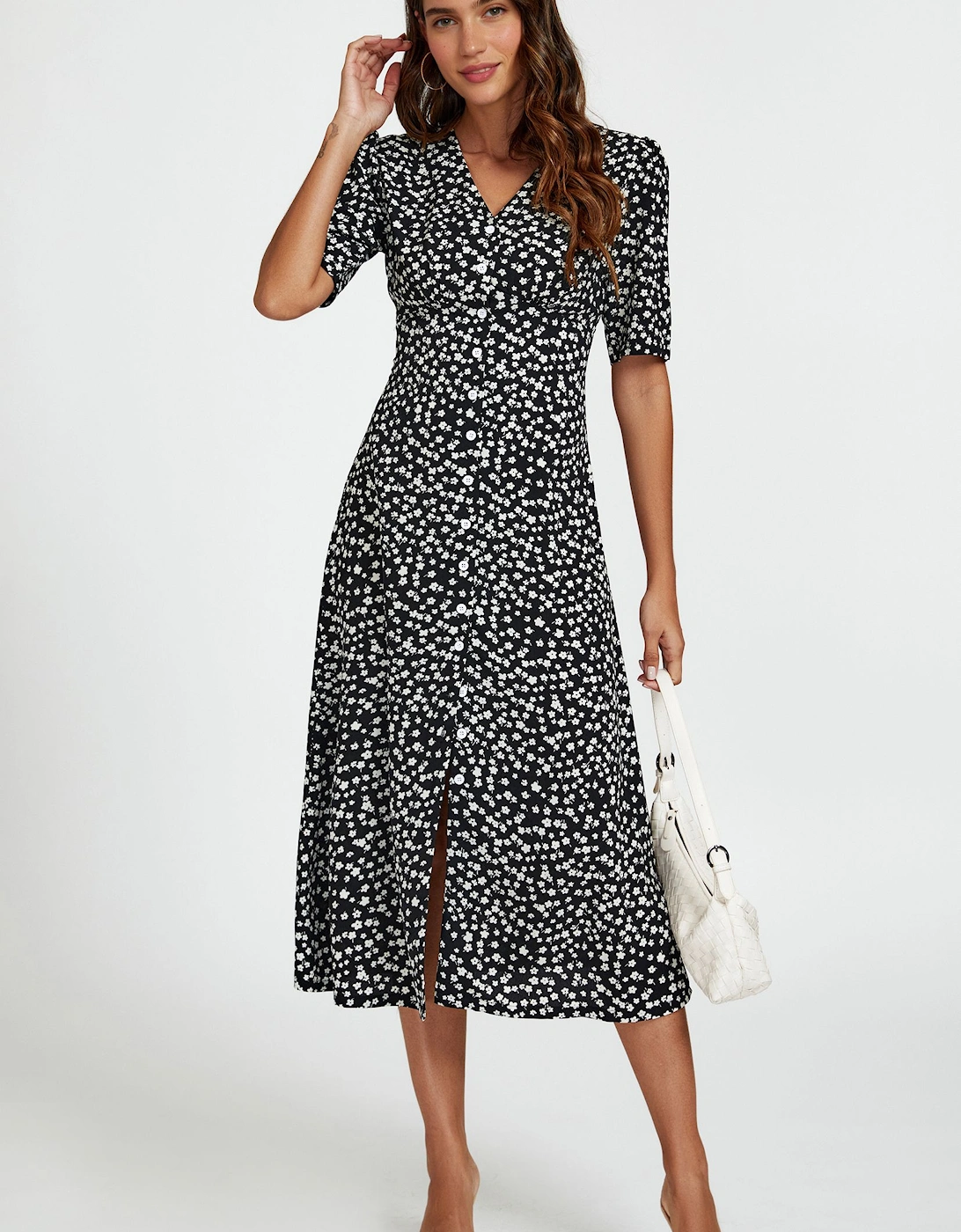 Black Little Floral Print Midi Dress with Front Button Closure, 2 of 1