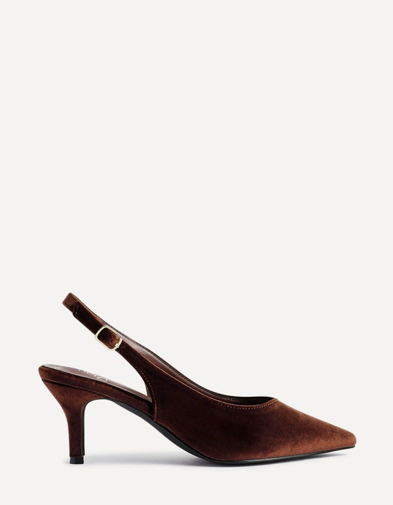Finesse Brown Velvet Pointed Slingback Stiletto Court Heels
