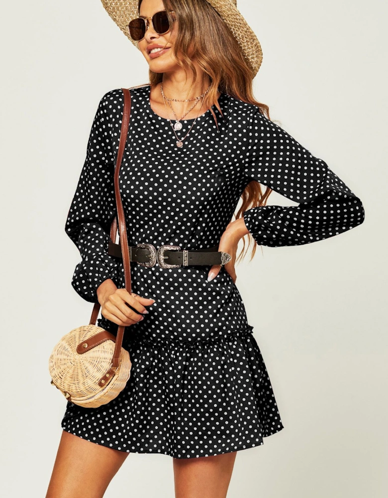 White Polka Dot Print High Neck Long Sleeve Frill Detail Pleated Skirt Midi Dress
