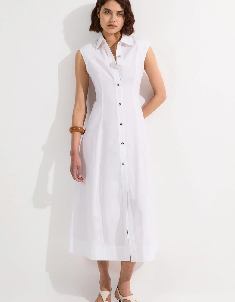 Cotton Top Stitch Woven Midi Shirt Dress