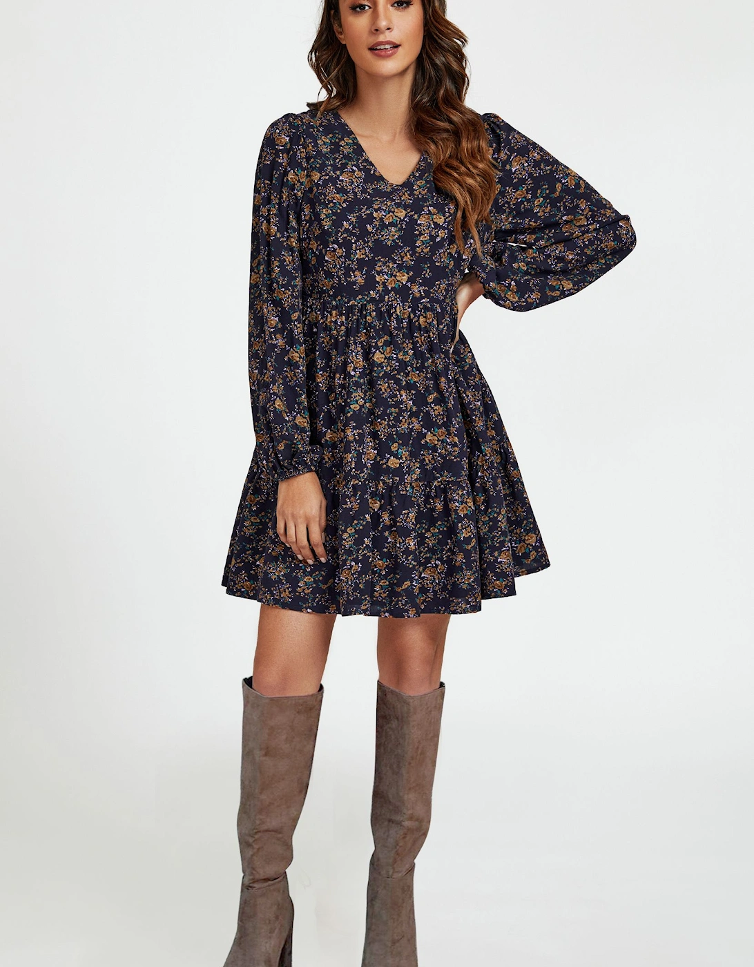 Little Floral Print V Neck Mini Dress In Navy, 2 of 1