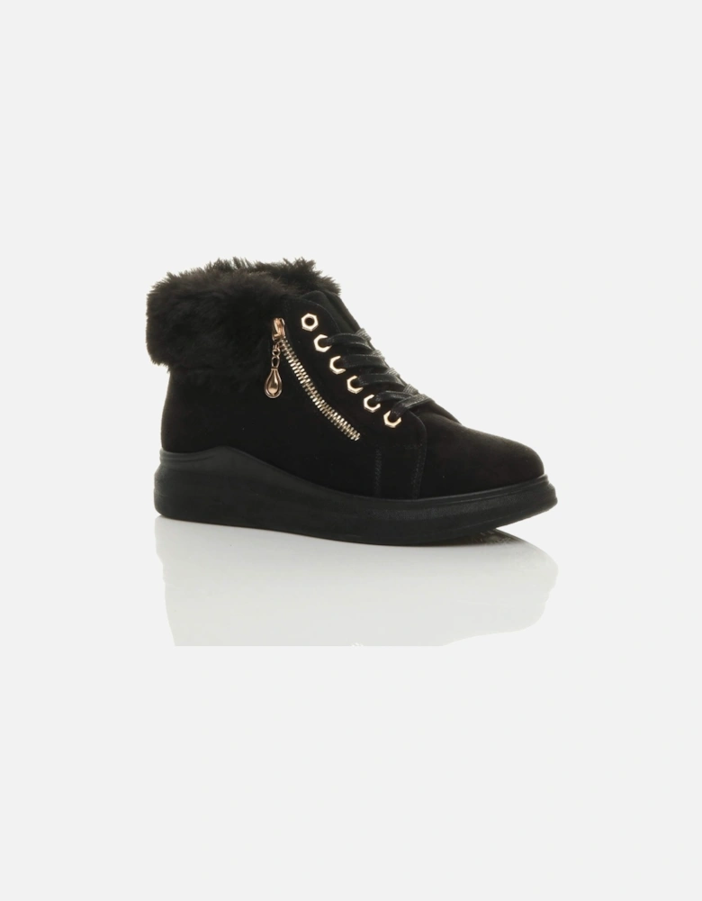 Low Wedge Heel Lace Up Faux Fur Trim Ankle Boots  Hi Tops