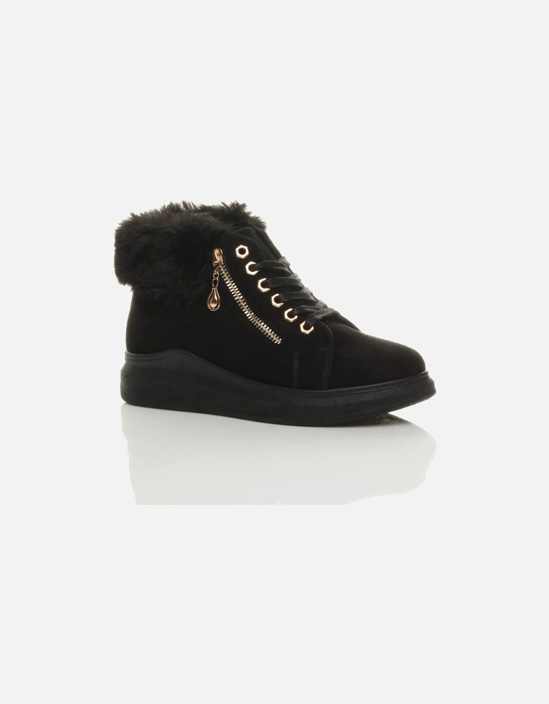 Low Wedge Heel Lace Up Faux Fur Trim Ankle Boots  Hi Tops, 2 of 1