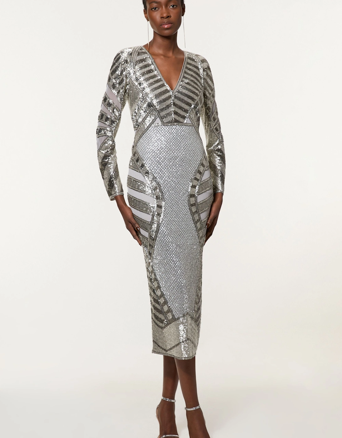 Premium Mirrored Crystal Embellished Woven Midi Dress, 2 of 1