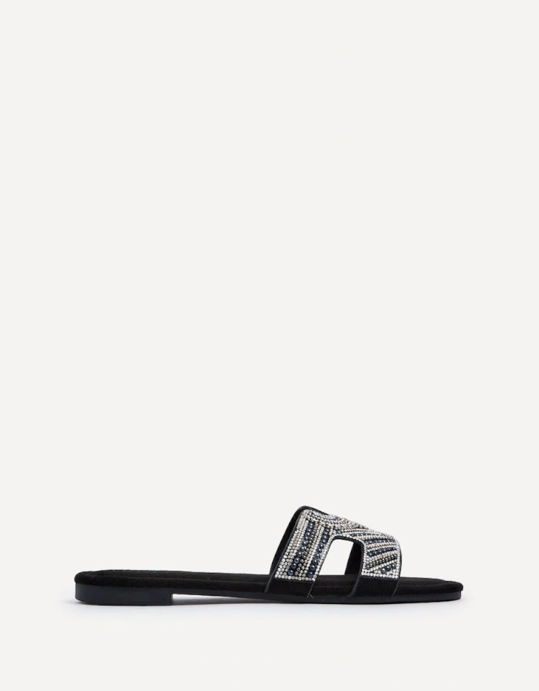 Indira Black Suede Aztec Design Embellished Slider Sandal