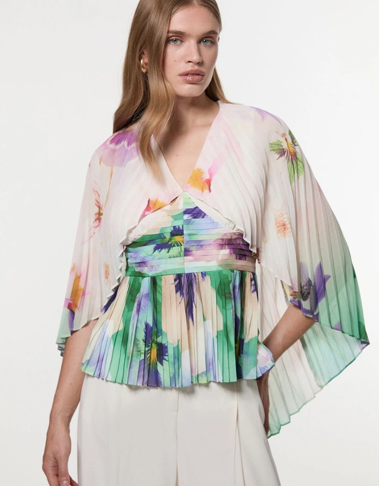 Pleated Floral Cape Sleeve Plunge Neck Woven Top