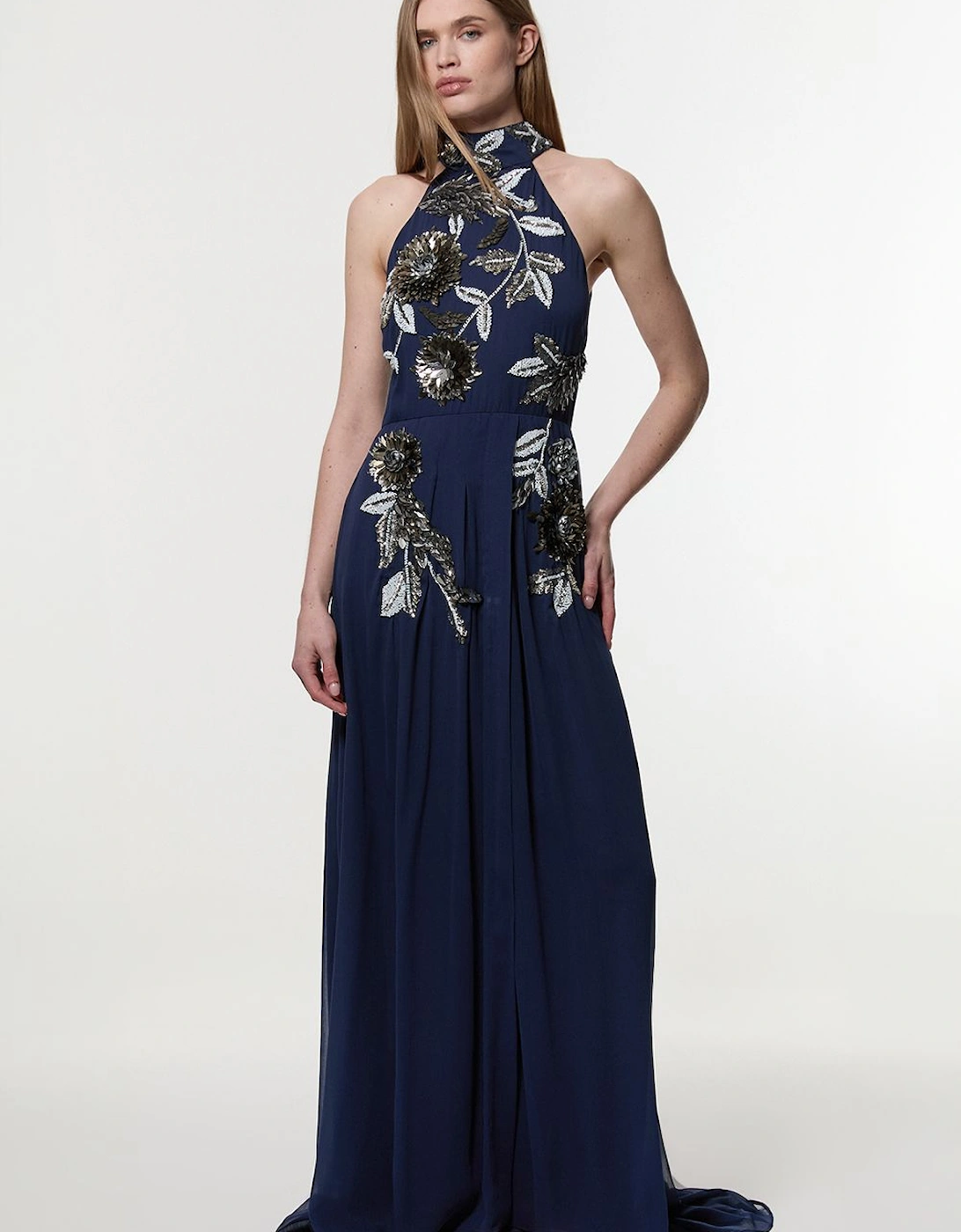 Petite Floral 3D Embellished Halter Tie Neck Woven Maxi Dress, 2 of 1