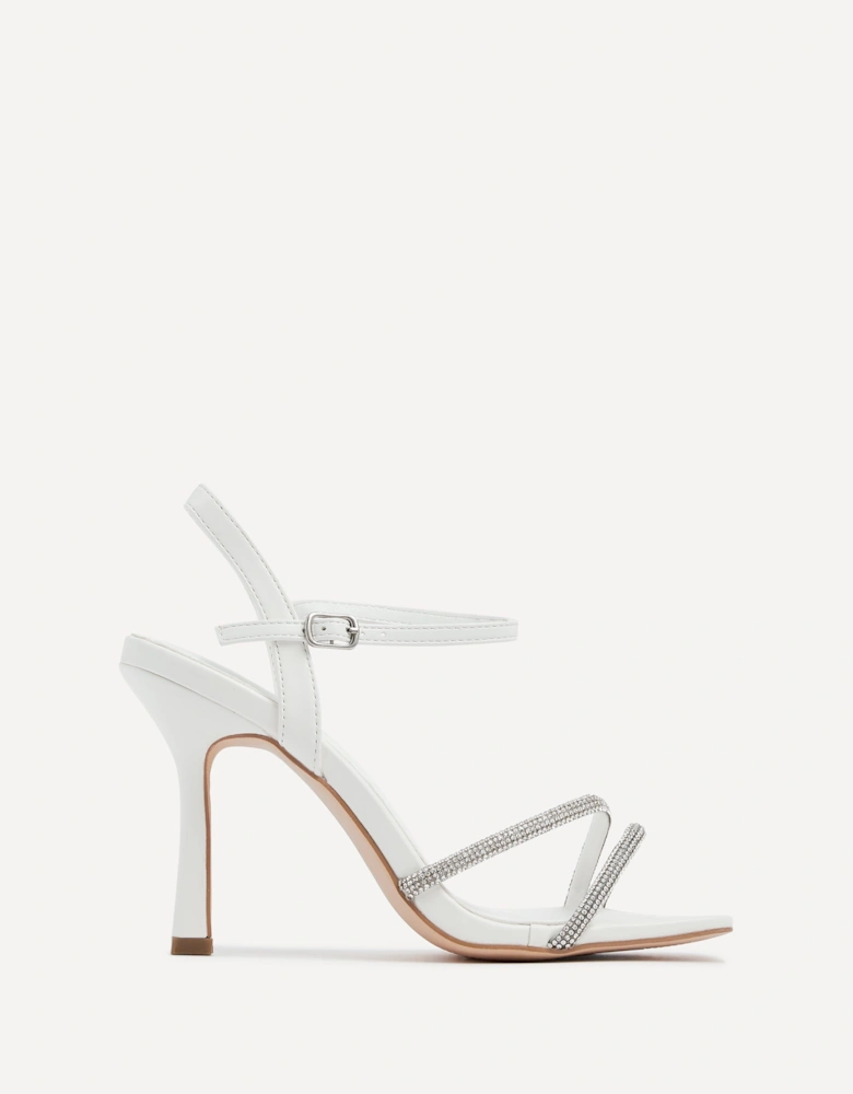 Mesmerize White Faux Leather Square Toe Diamonte Embellished Heel
