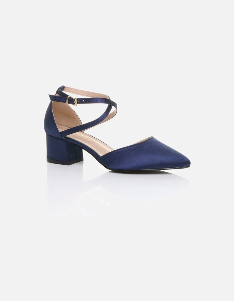 Mid Block Heel Crossed Strap Pointed Toe Satin 2 Part Heels