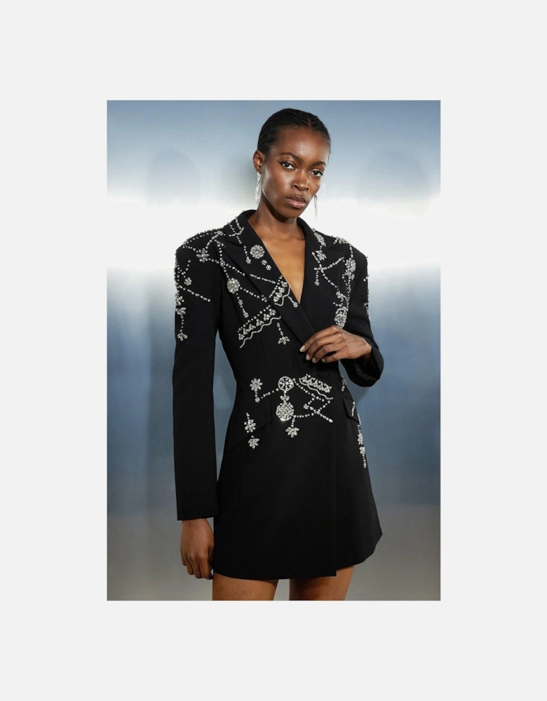 Crystal Embellished Cady Blazer Woven Mini Dress