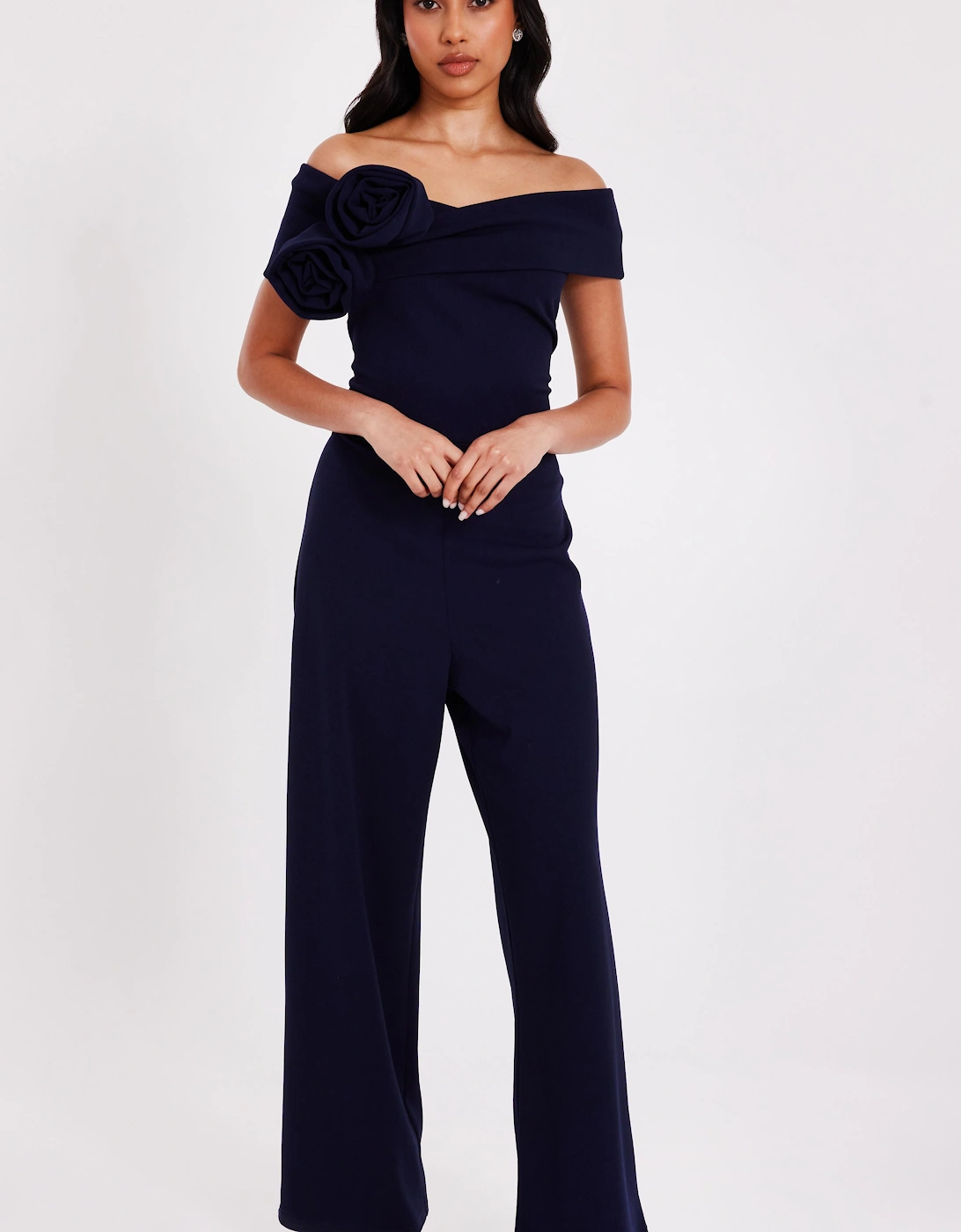 Navy Petite Bardot Floral Corsage Jumpsuit, 2 of 1