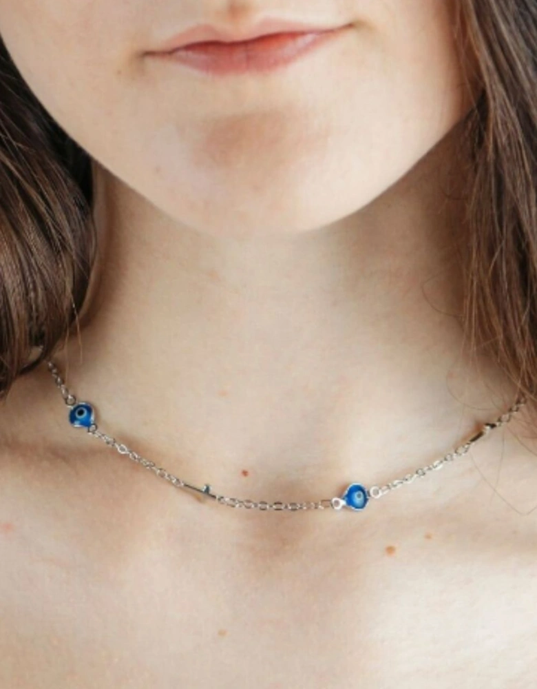 Blue Evil Eye Sideways Cross Necklace Minimalist Choker Dainty Protection Choker