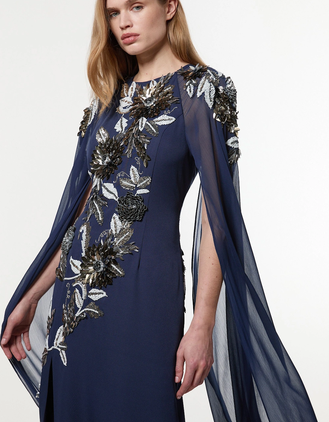Floral 3D Embellished Drama Cape Sleeve Woven Maxi Dress, 2 of 1