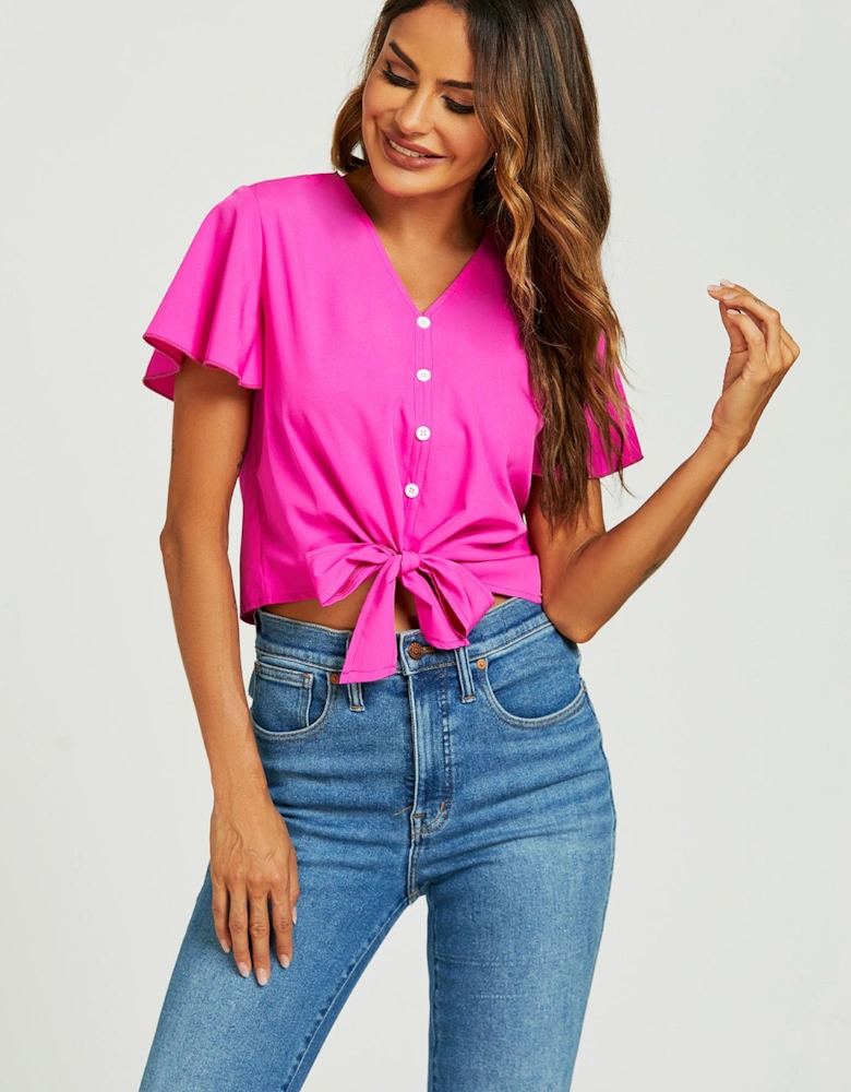 Cute Tie Knot Front Buttoned Crop T Shirt Top In Fuchsia Pink