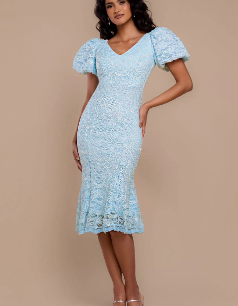 Scallop Lace Puff Sleeve Fit & Flare Midi Dress