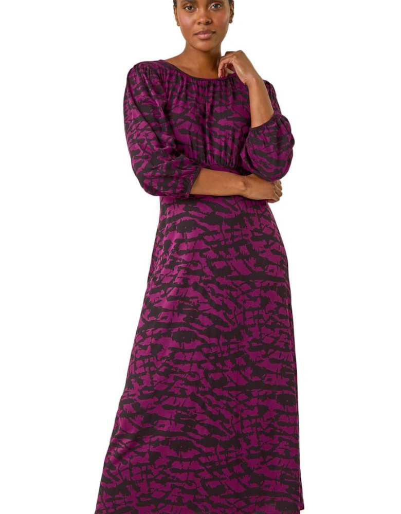 Abstract Print Gathered Stretch Midi Dress