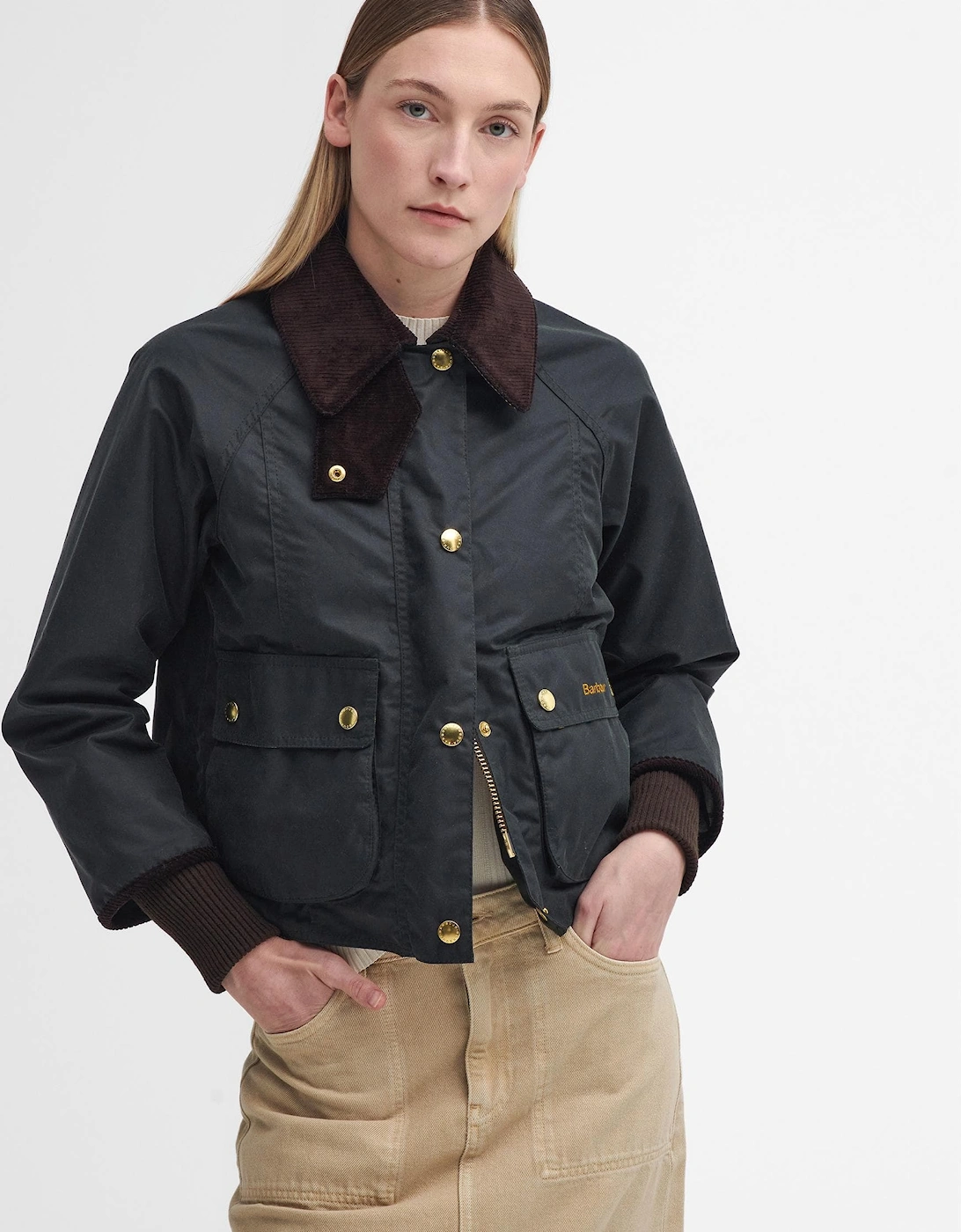 Women's Barbour Cropped Beadnell Womens Wax Jacket - Sage/Ancient - Black - Size: 8