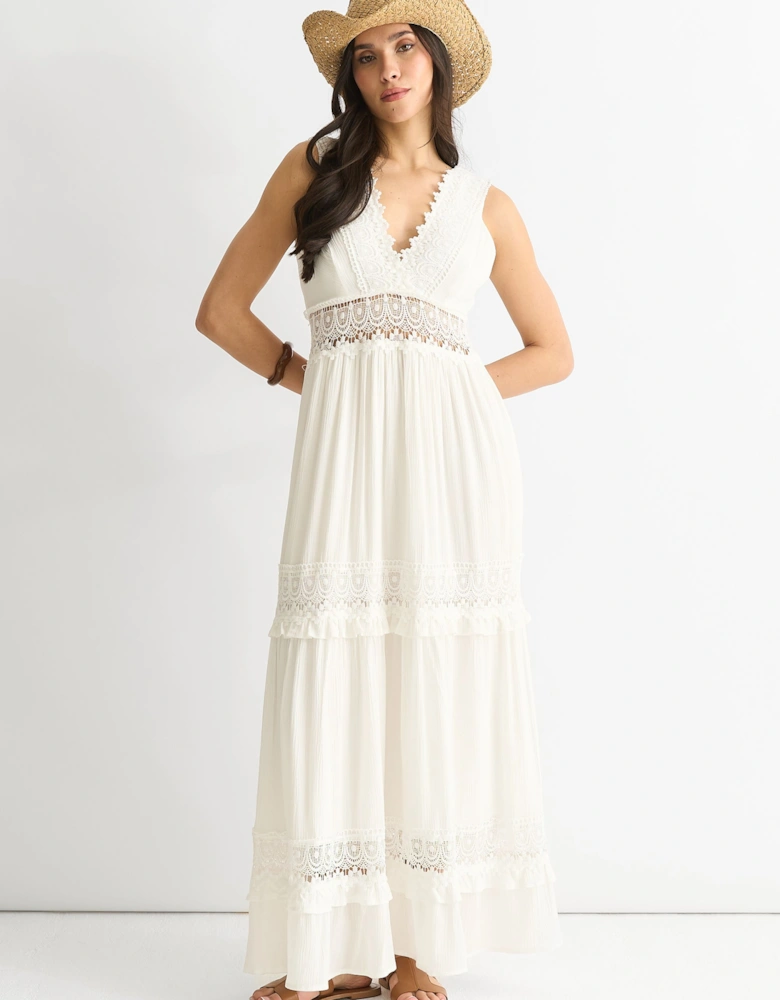 White Lace Trim Viscose Maxi Dress
