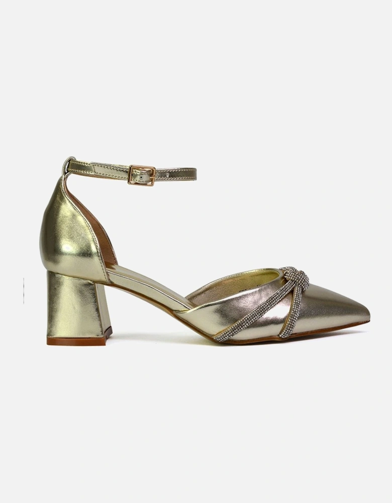 'Sarah' Ankle Strap Pointed Toe Diamante Mid Block Heels