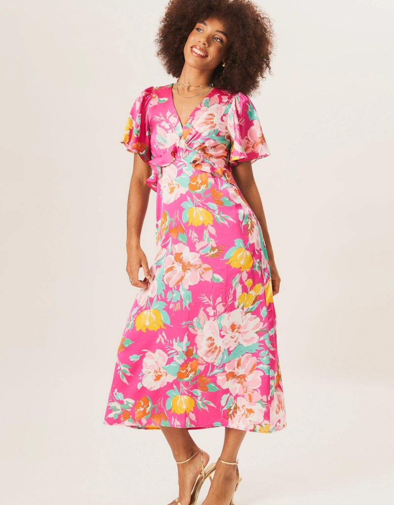 Pink Floral Print Angel Sleeves Midi Dress
