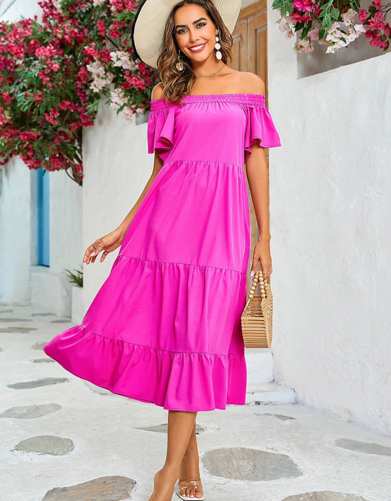Off Shoulder Bardot Frill Midi Dress In Fuchsia Pink