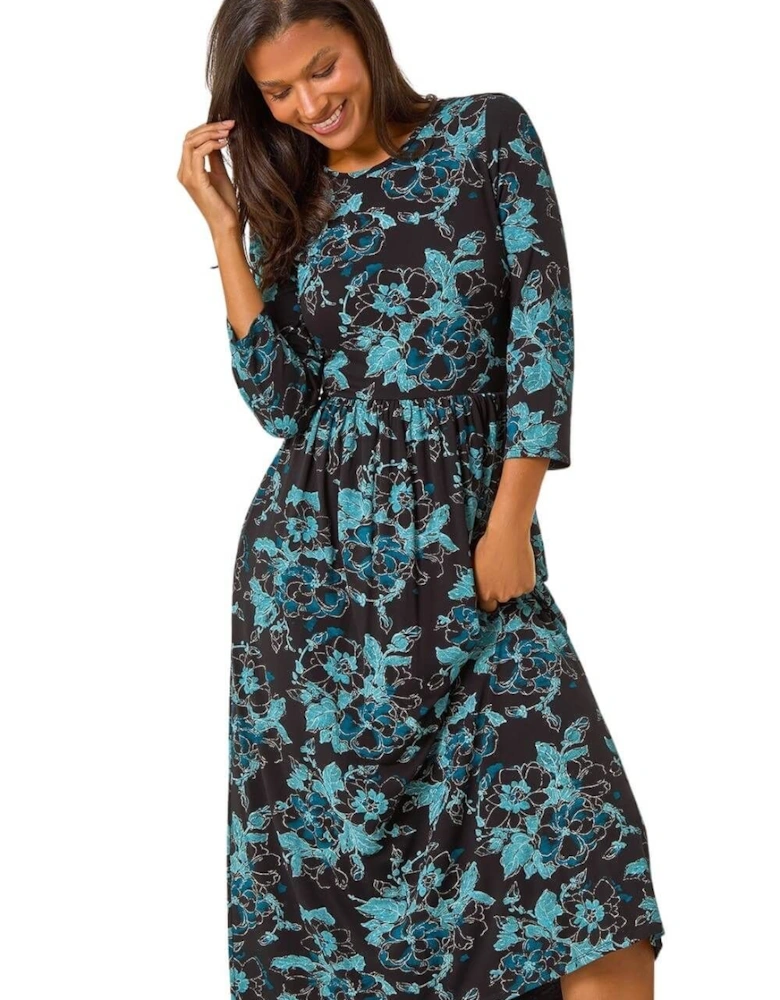 Floral Print Gathered Stretch Midi Dress