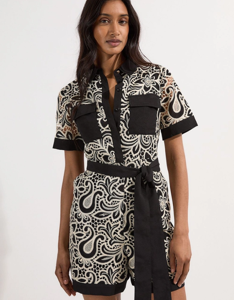 Mono Cutwork Pocket Front Woven Playsuit