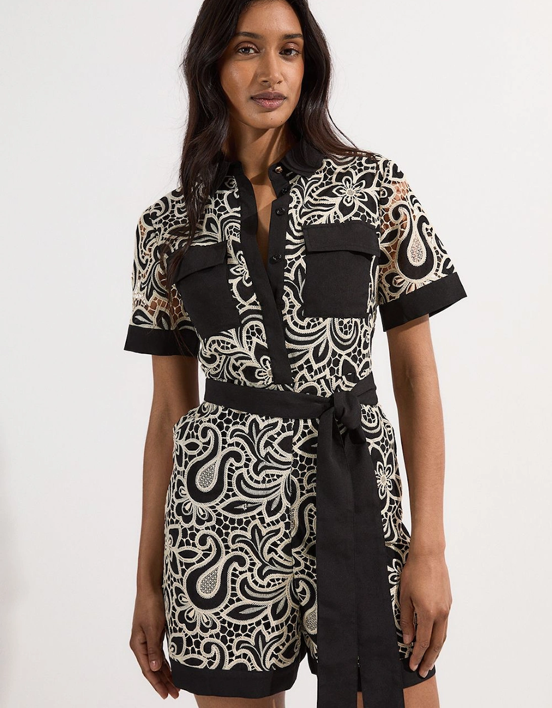 Mono Cutwork Pocket Front Woven Playsuit, 2 of 1