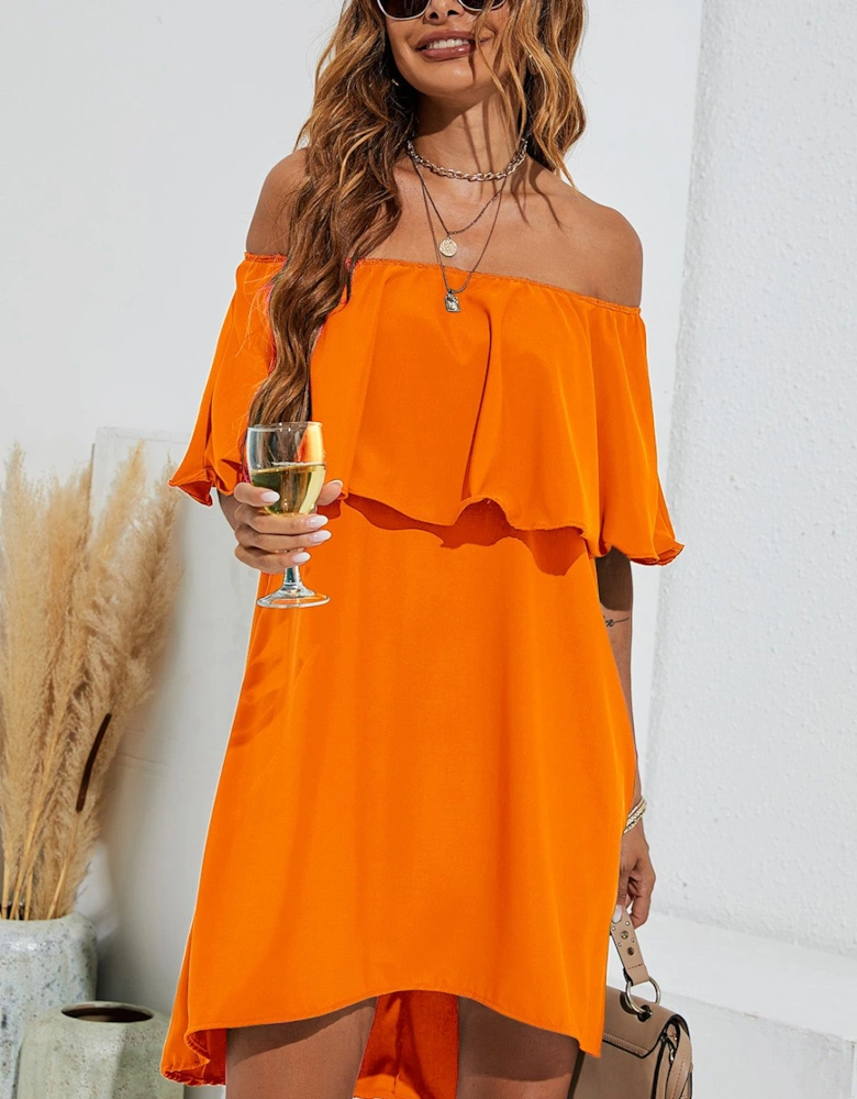 Bardot Frill Off Shoulder Mini Dress In Orange