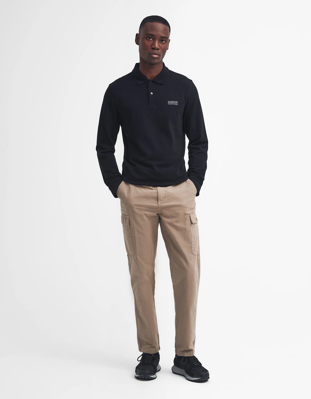Essential Mens Long Sleeve Polo - Black/Pewter