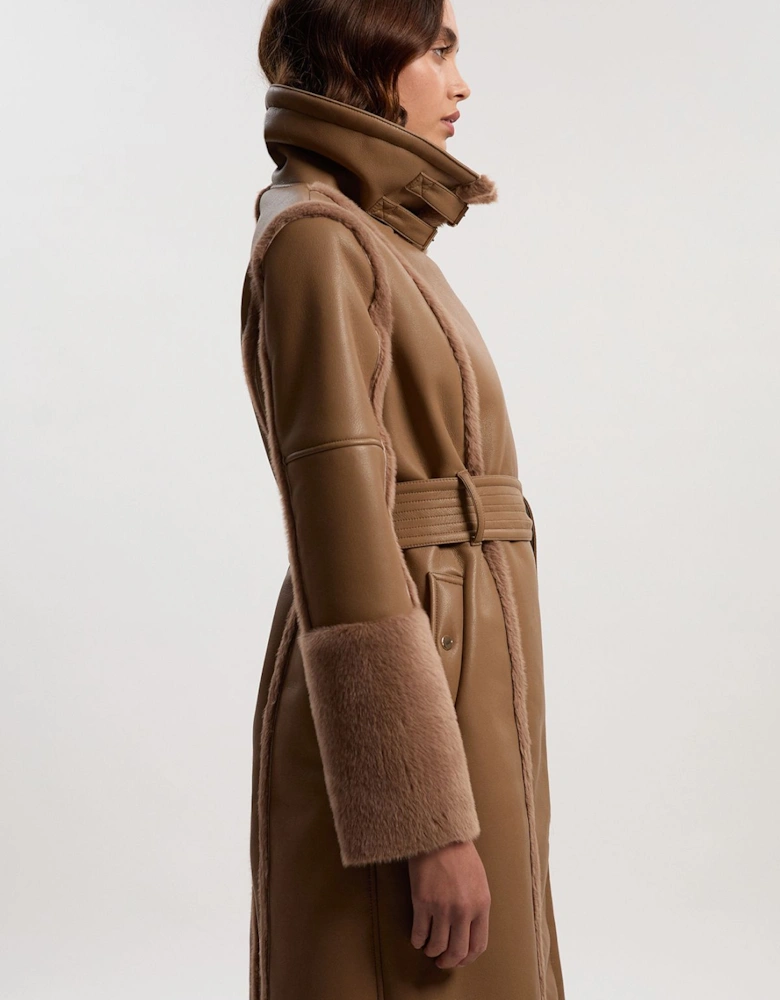 Faux Fur Buckle Detail Belted Biker Midi Coat