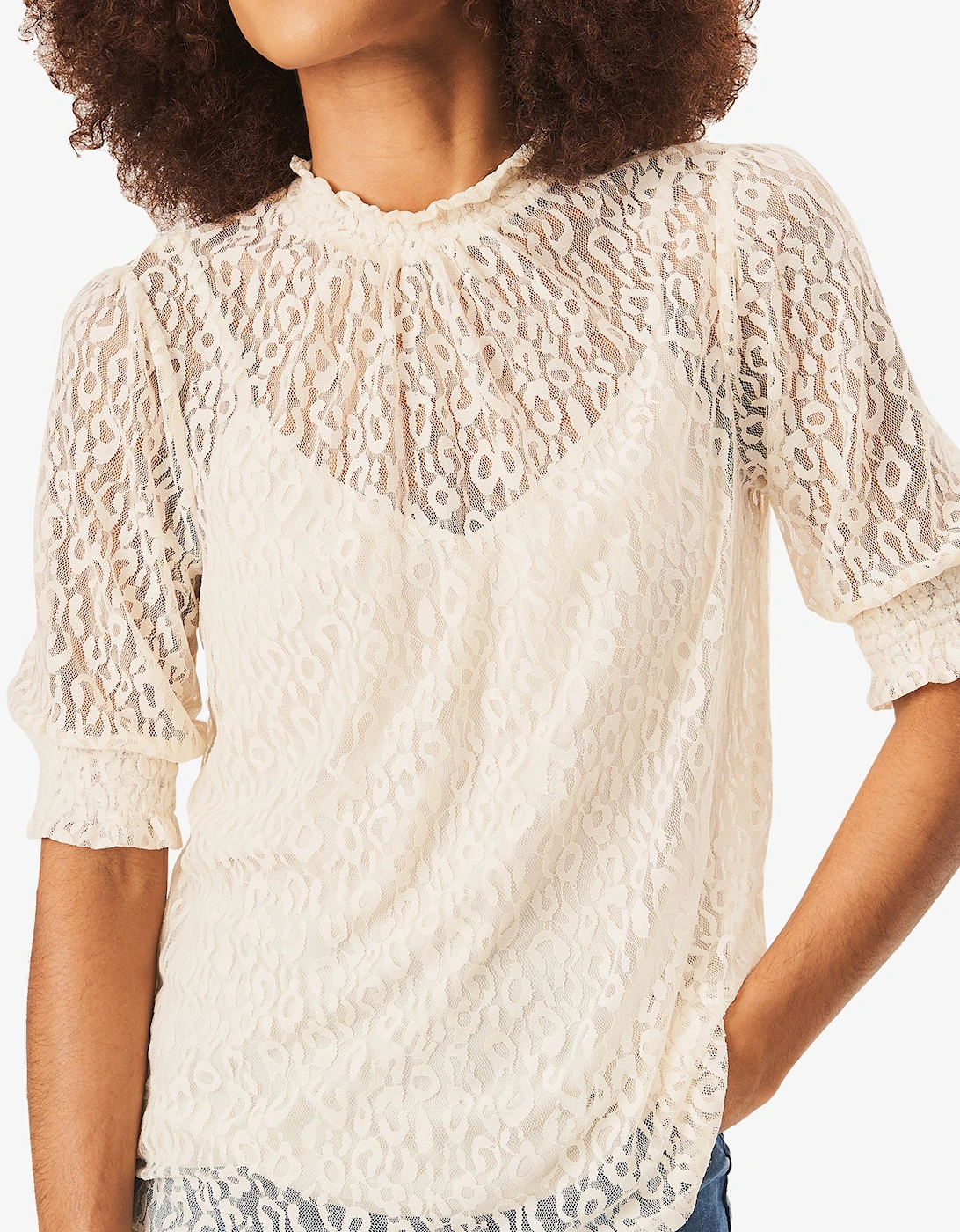 Cream High Neck Lace Loose Fit Blouse, 2 of 1
