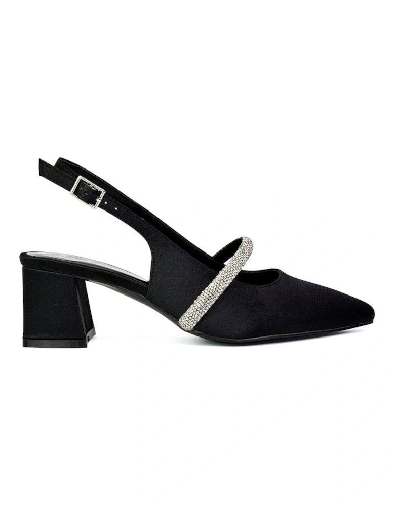 'Sandie' Sling Back Strappy Pointed Toe Diamante Mid Block Heels
