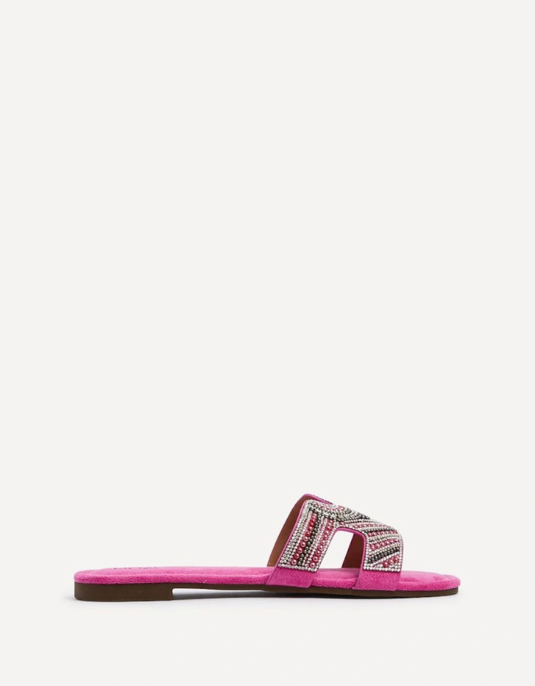 Indira Fuchsia Suede Aztec Design Embellished Slider Sandal