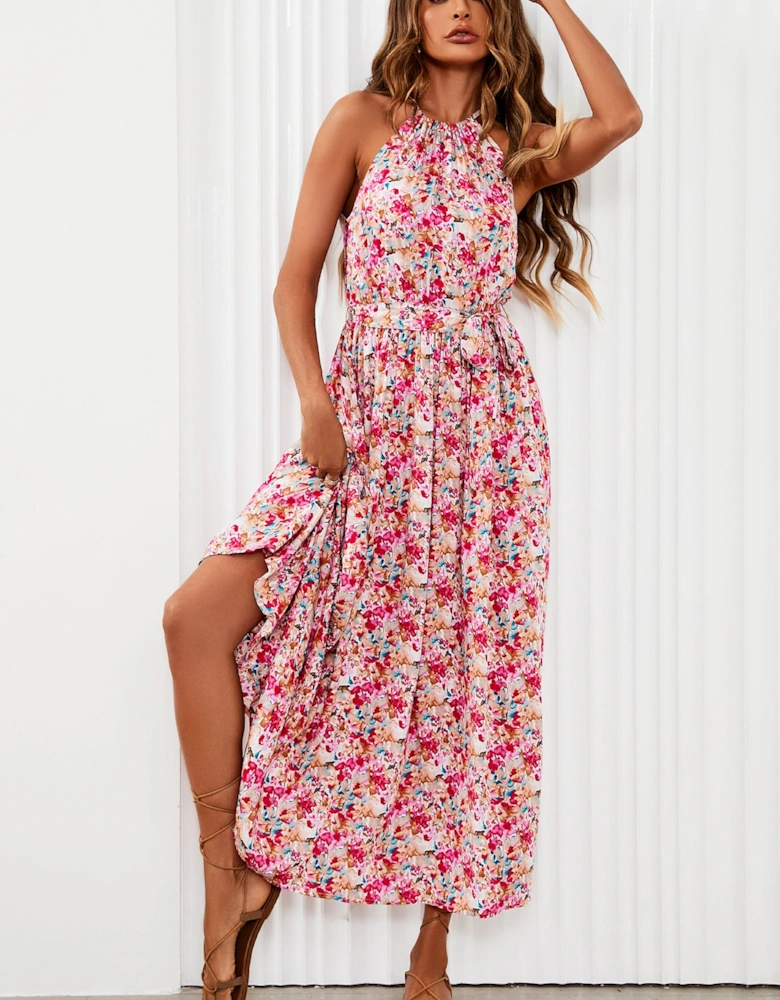 Floral Tie Halterneck Maxi Dress In Pink