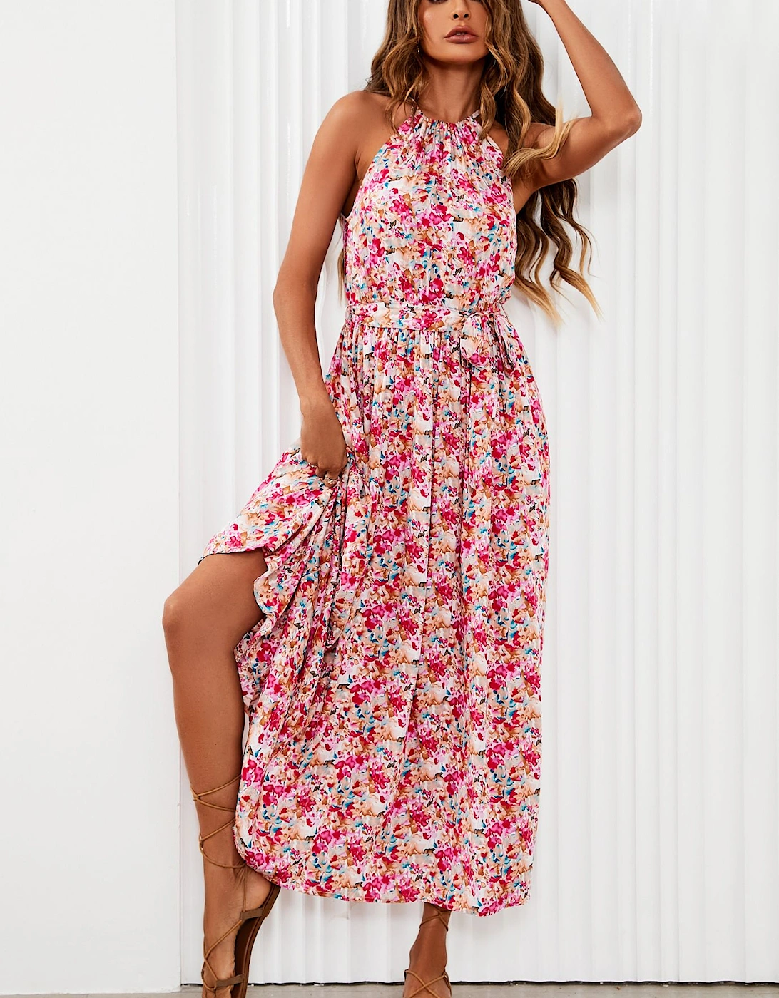Floral Tie Halterneck Maxi Dress In Pink, 2 of 1