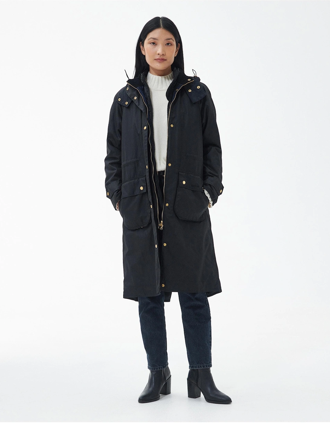 Long Cannich Womens Wax Jacket - Black/Black Sage Tartan