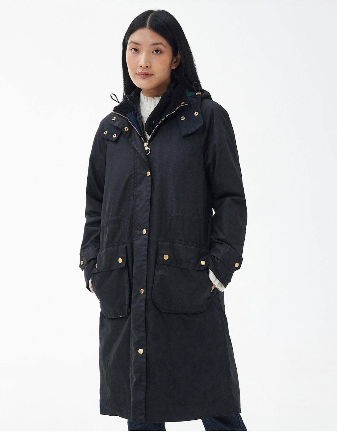 Women's Barbour Long Cannich Womens Wax Jacket - Black/Black Sage Tartan - Size: 10