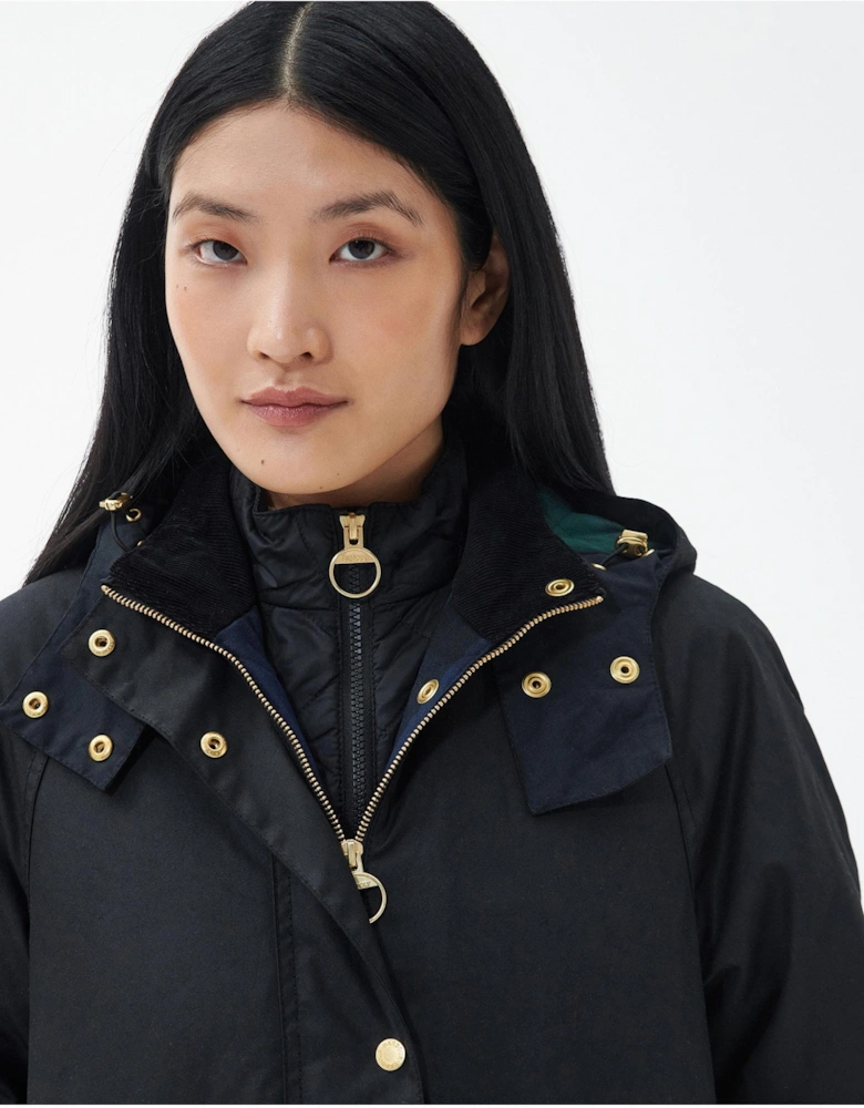 Long Cannich Womens Wax Jacket - Black/Black Sage Tartan