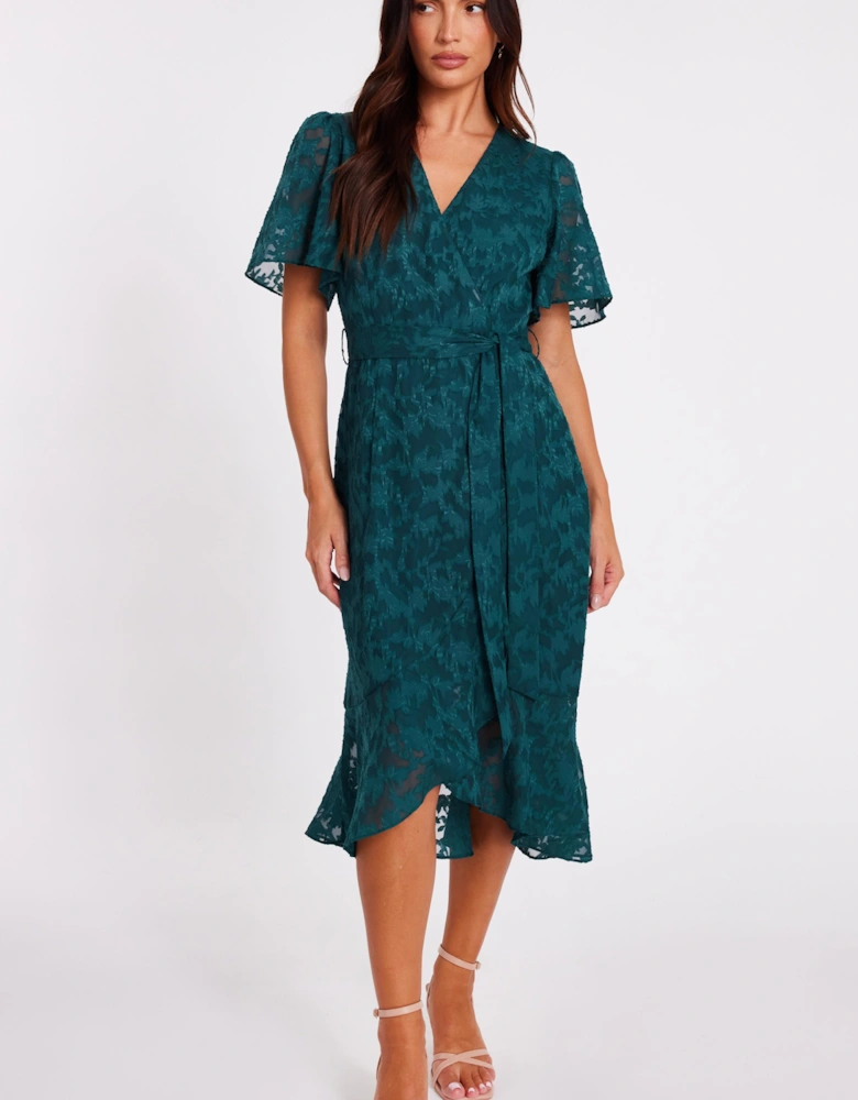 Green Jacquard Wrap Midi Dress
