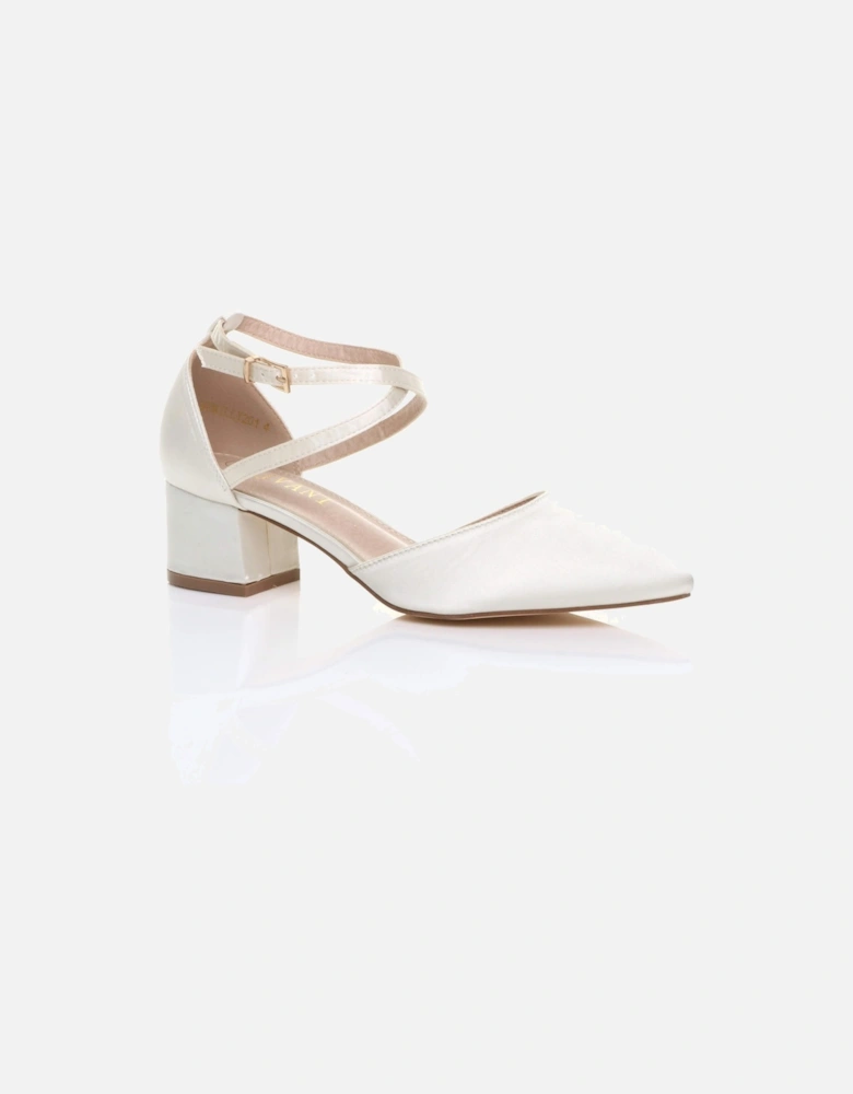 Mid Block Heel Crossed Strap Pointed Toe Satin 2 Part Heels
