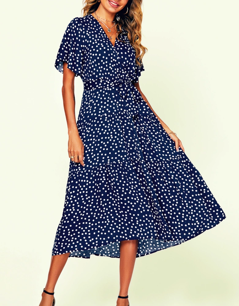 Polka Dot Hem Tiered Wrap Midi Dress In Navy