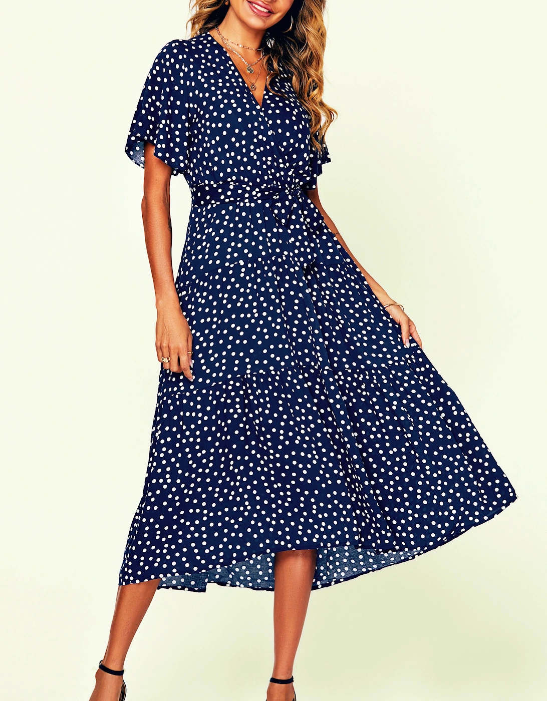 Polka Dot Hem Tiered Wrap Midi Dress In Navy, 2 of 1
