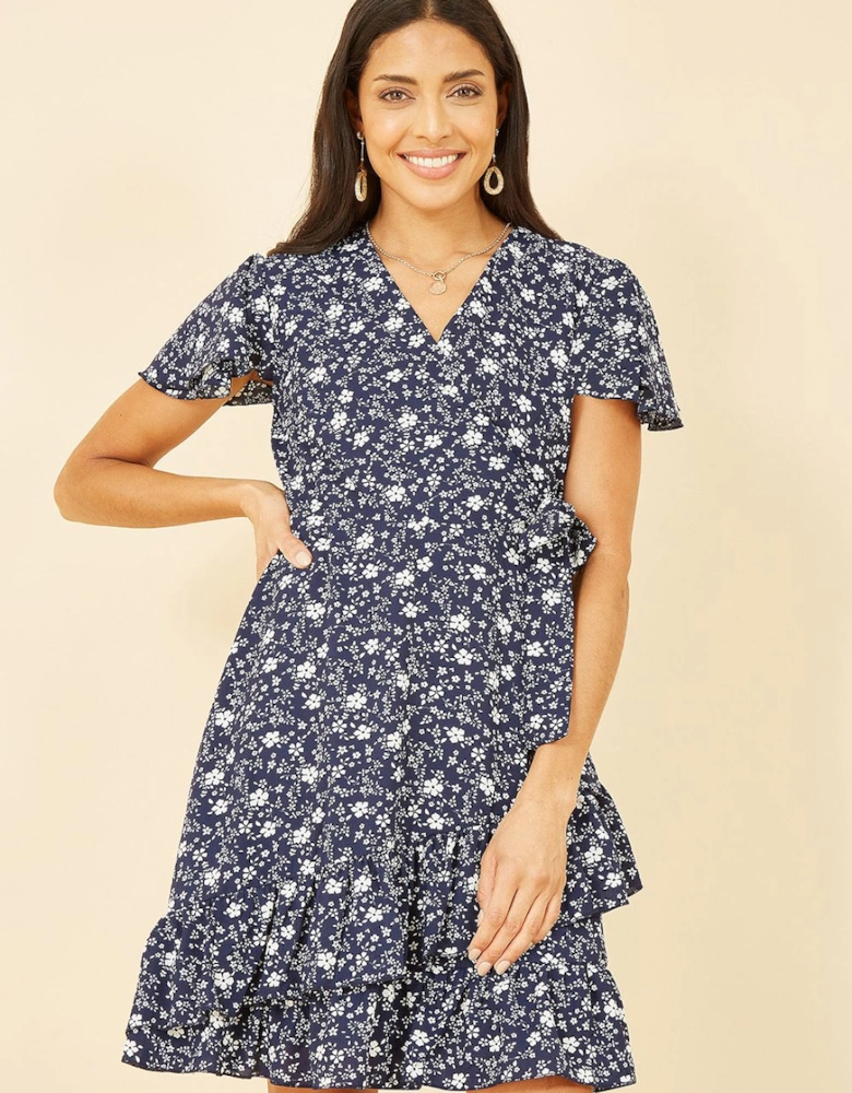 Navy Ditsy Floral Wrap Frill Dress