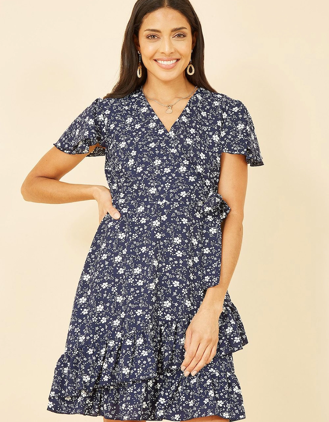 Navy Ditsy Floral Wrap Frill Dress, 2 of 1
