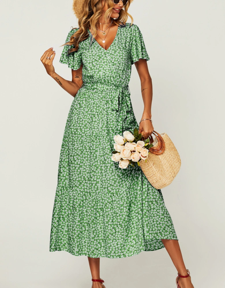 Floral Print Hem Tiered Wrap Midi Dress In Green