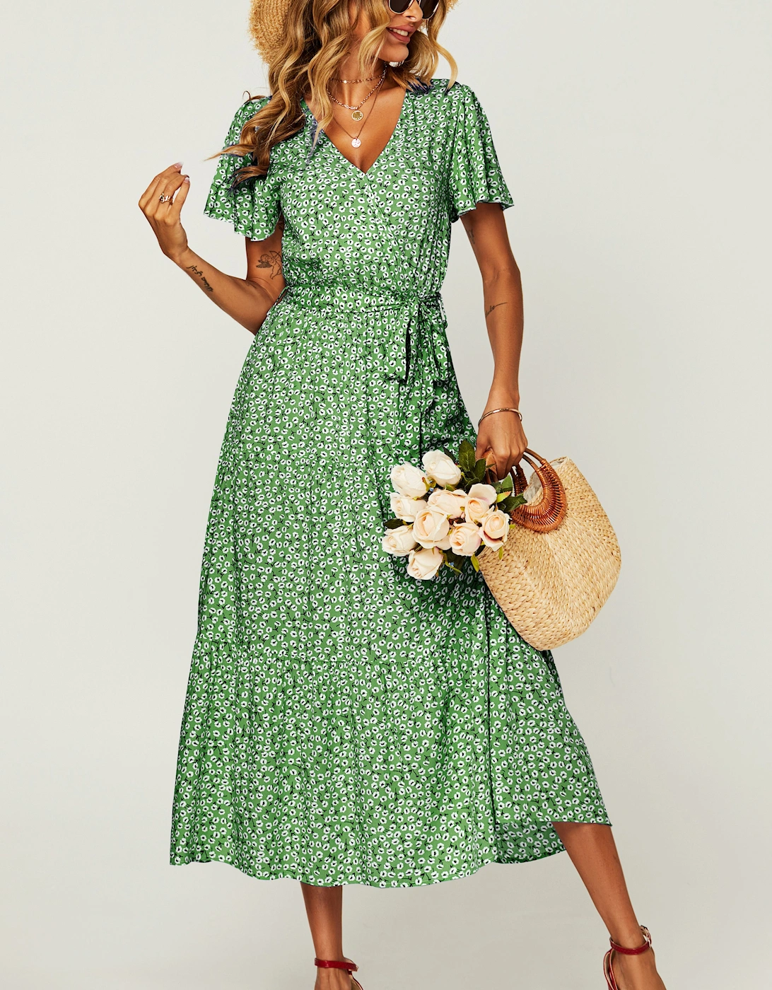 Floral Print Hem Tiered Wrap Midi Dress In Green, 2 of 1