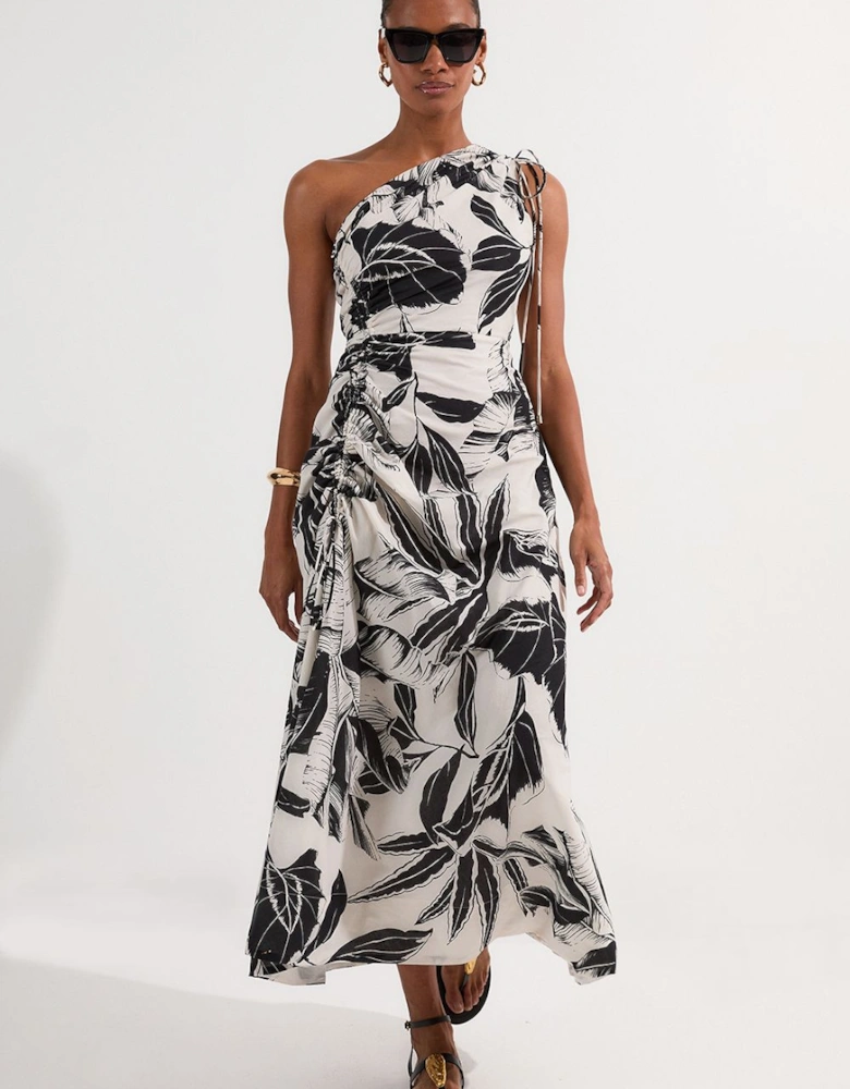 Tall Palm Border Print Cotton Voile One Shoulder Midi Dress