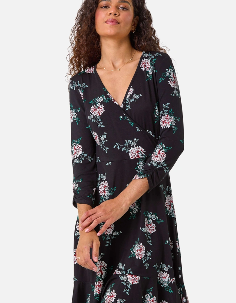Floral Print Wrap Front Stretch Dress